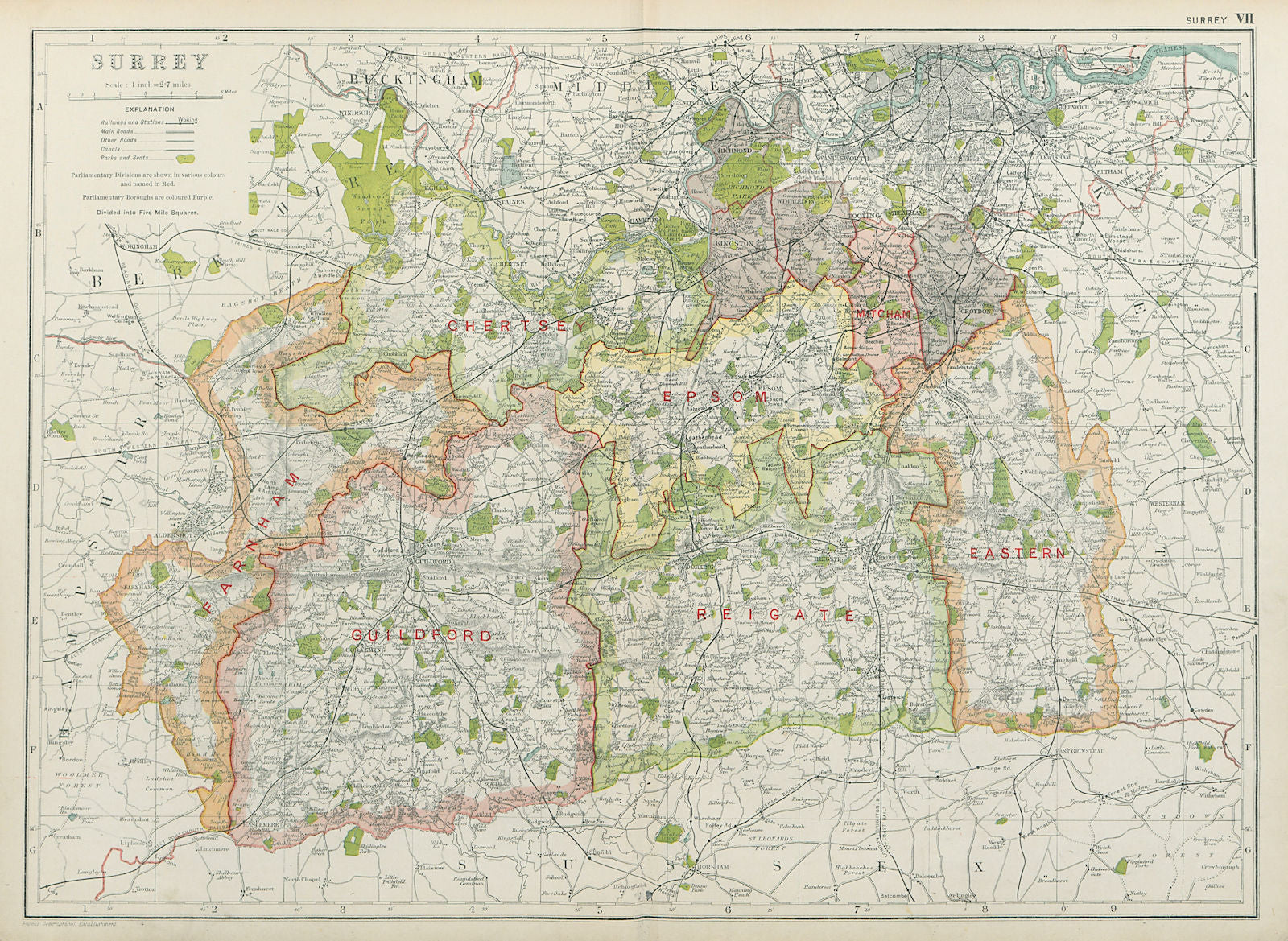 SURREY. Showing Parliamentary divisions, boroughs & parks. BACON 1920 old map